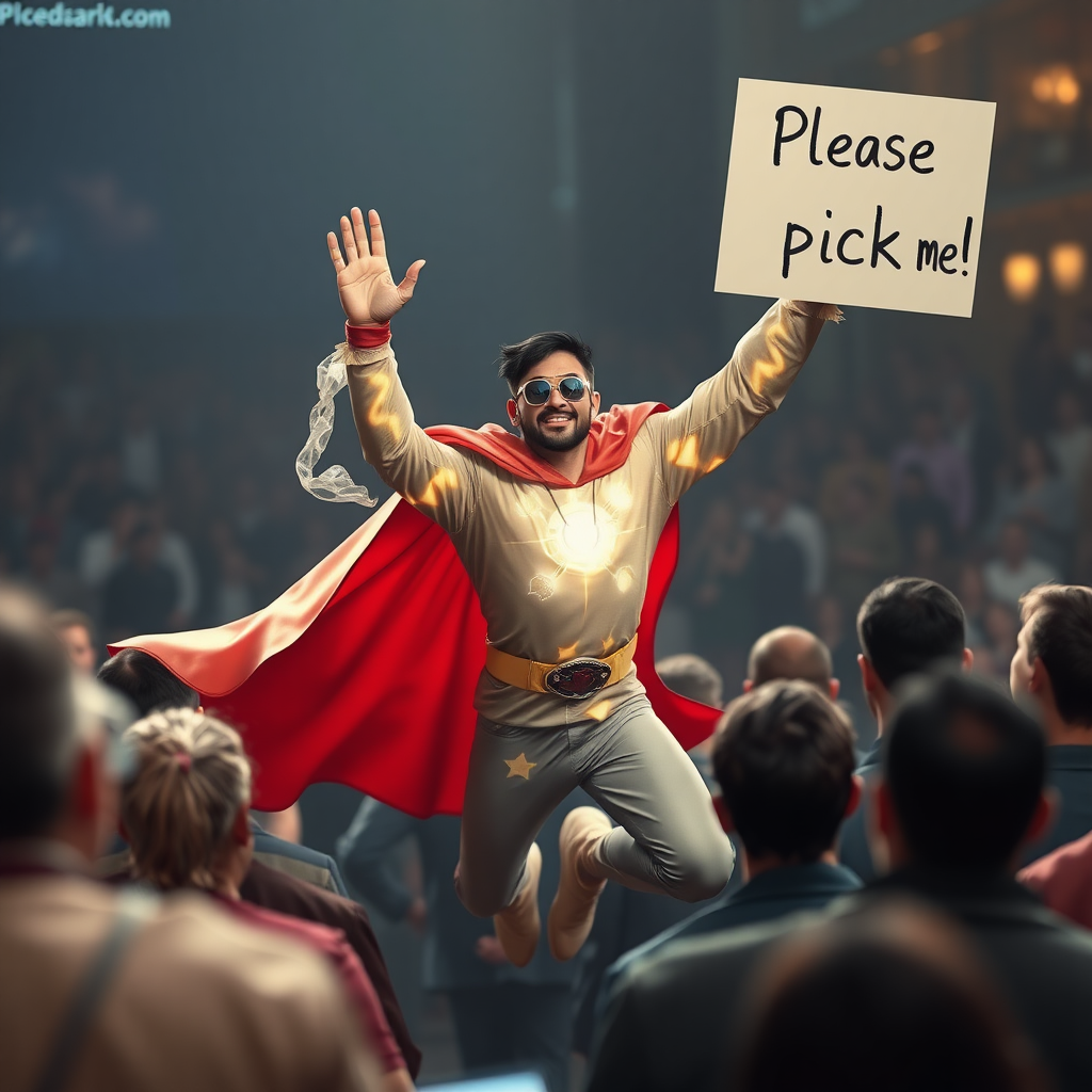 An ethereal mystic superhero eagerly jumps out of a crowd raising and waving his hand. His other hand holds a sign that reads "Please pick me!"