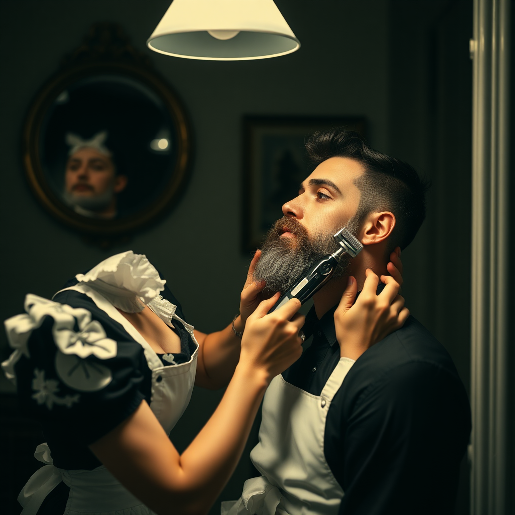 french maid, shaving a man's beard