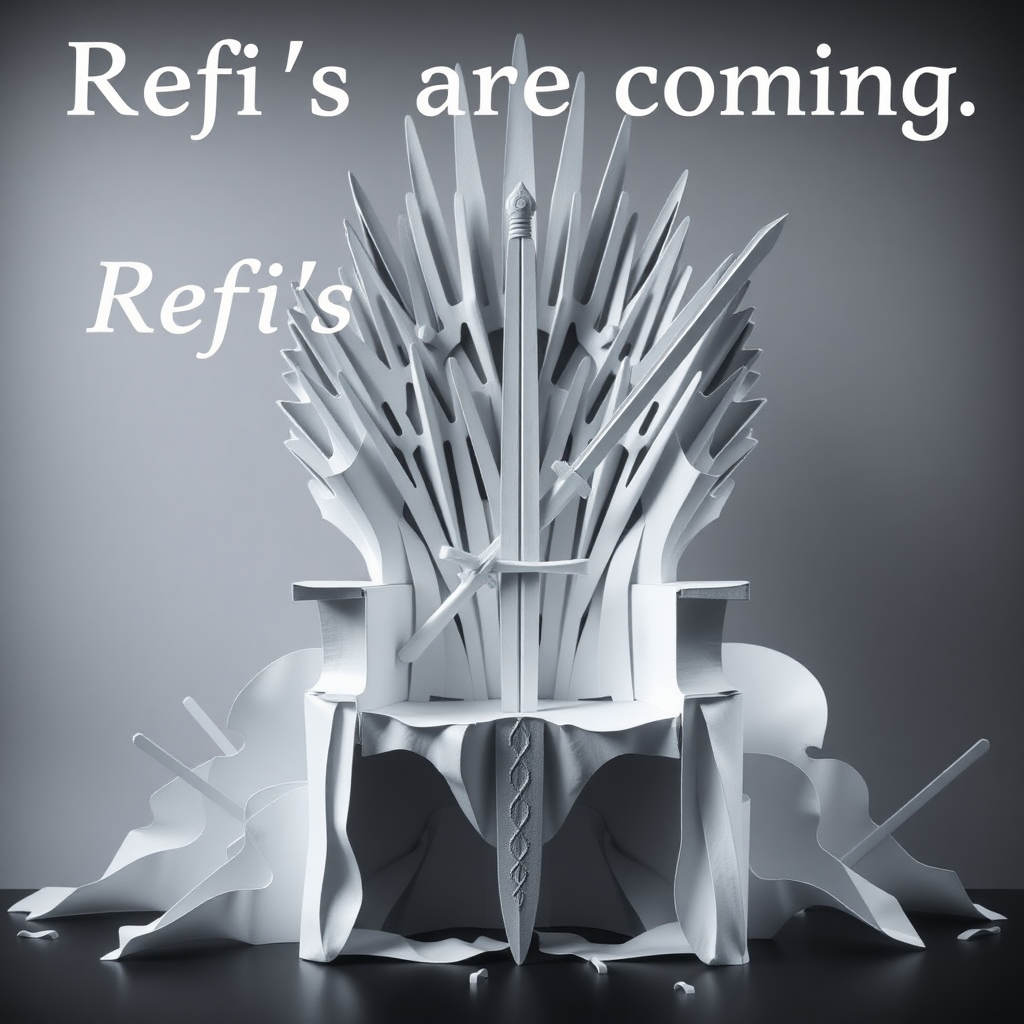 An epic movie scene depicting the game of thrones sword chair made out of white paper. The text in the background says “Refi’s are coming.”