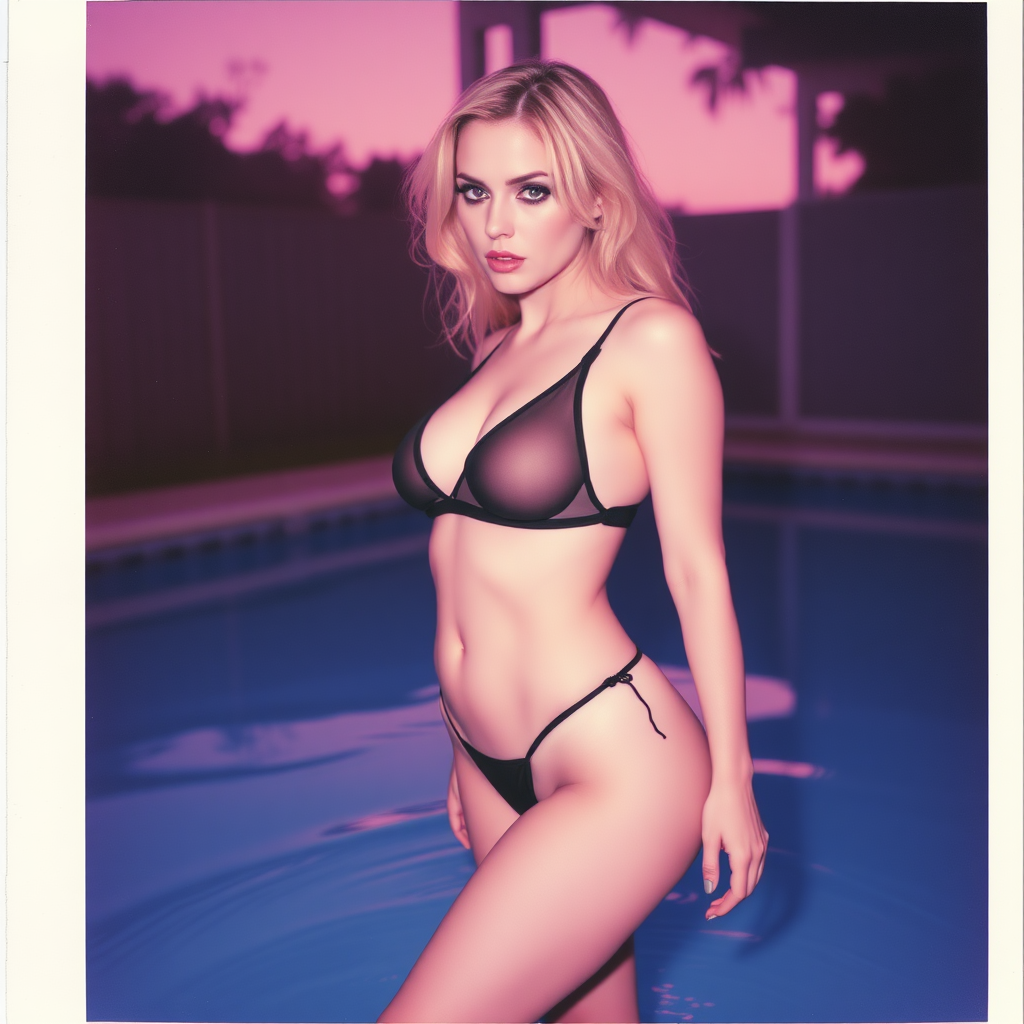 old polaroid photo with heavy vignetting and pink and blue artistic studio lighting color tint and light leak, depicting a sexy curvy thicc pale white alt goth girl with eye makeup, wearing a tiny revealing black see thru clear plastic two piece micro bikini gstring thong with a small outline of her labia and nipples visible, standing in a pool