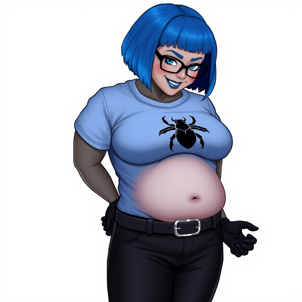 A 28-year-old, full-figured, metallic middle gray skinned computer program hybrid with a short maximum blue bob cut. She has a non-athletic build, highlighted by a prominent, round midsection (with a focus on her round belly). As a digital sidekick and computer hacker to her cyberpunk vigilante boyfriend, her middle gray metallic skin and maximum blue lipstick emphasize her digital nature. She wears a tight-fitting, maximum blue t-shirt (accentuating her belly) with a black chest icon of a beetle on its chest, black pants, a black belt with a sapphire scarab buckle, and black gloves. Her bright blue eyes, black eyeglasses, and shy smile with neon red blush accentuate her nerdiness. She bashfully bows her head with her hands behind her back, her t-shirt covering her midsection (especially her belly) and emphasizing her full-figured, non-athletic physique. She is on a solid white background. She is drawn as if she was in a retro 2D cyberpunk fighting game. She is clearly non-athletic, with a focus on her full figure. Make sure her t-shirt covers her midsection (especially her belly).