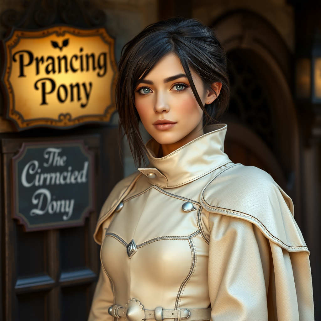 beautiful young woman, dark hair past her shoulders, blue eyes, small, slim figure, wearing light full leather armor suit, long cloak, standing next to medieval tavern with sign: "Prancing Pony".