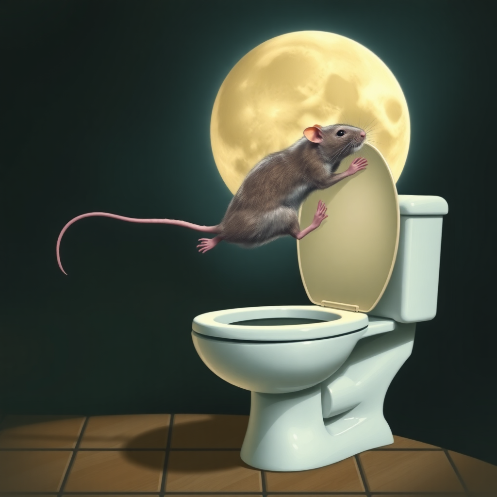 A rat jumping off the moon into a toilet