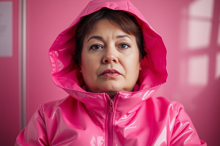 35 year old woman, fat face, pink pvc suit