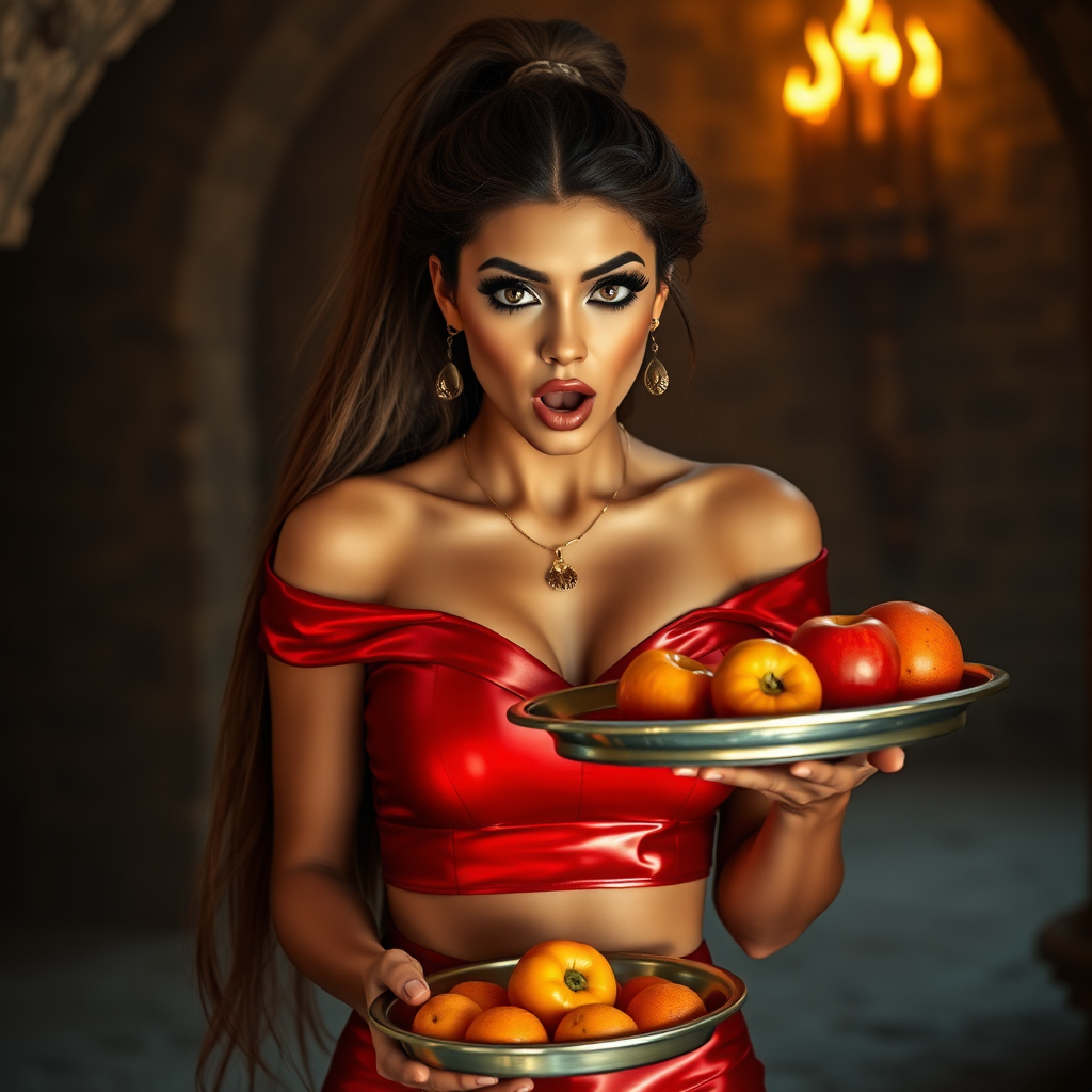 realistic photo of a surprised Arabian model with mouth open. She has very large eyes, black eyeshadow, black eyeliner, fake eyelashes, very tanned skin, very long hair. very high ponytail, she look likes princess jasmine, shinny red off shoulder crop top. photo realistic. She holds a metal tray with fruits just above her waist. crop top, shinny red skirt. full body view. shinny red pencil skirt. dungeon with fire torches in the background.