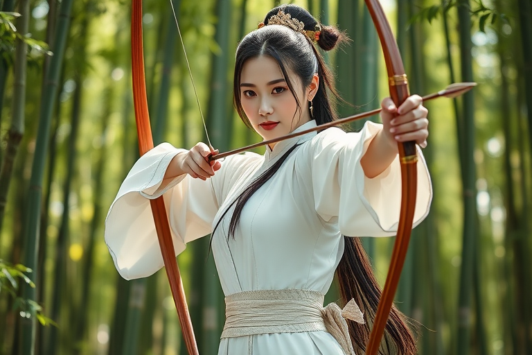 From a full-body perspective, a beautiful woman in the Tang Dynasty of China, a chivalrous woman, dressed in white, opened her bow and arrows, and was in the bamboo forest. Correct bow and arrow, correct bowing posture. Movie poster, game cg.