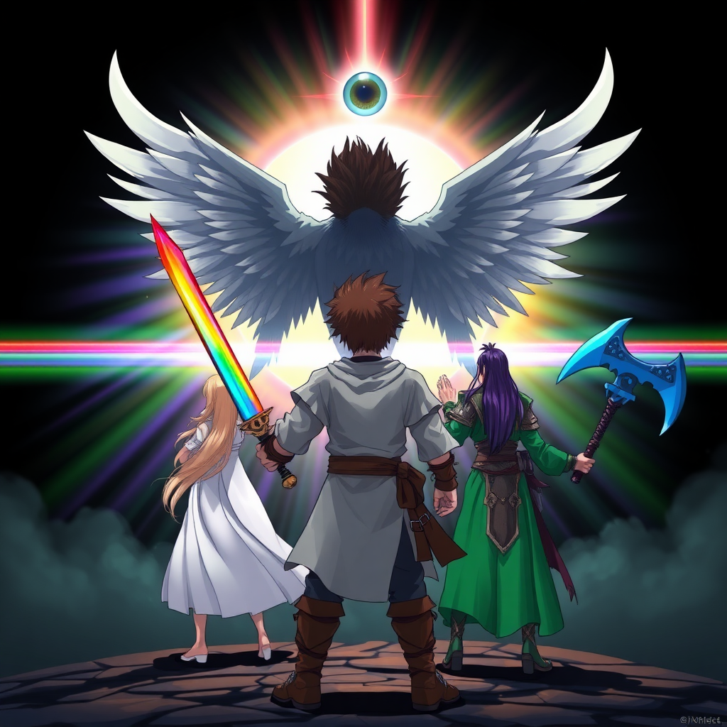 (Anime-styled art) Set against a dark black backdrop, a radiant, rainbow-like barrier shimmers with vibrant hues, illuminating the scene. At the center, a massive entity looms—an unsettling yet angelic figure with a single, malevolent eyeball. Its four wings are spread wide, and its gaze is fixed downward. In the foreground, the badass backside view of a warrior with dark brown fohawk hair stands confidently, gripping a rainbow-colored flaming sword. Alongside him, three others stand ready backside: a mage with long blonde hair in flowing white robes, a fierce purple-haired warrior wielding a massive blue axe backside, and a woman with striking green hair and green-robes, completing the team as they face the menacing presence.