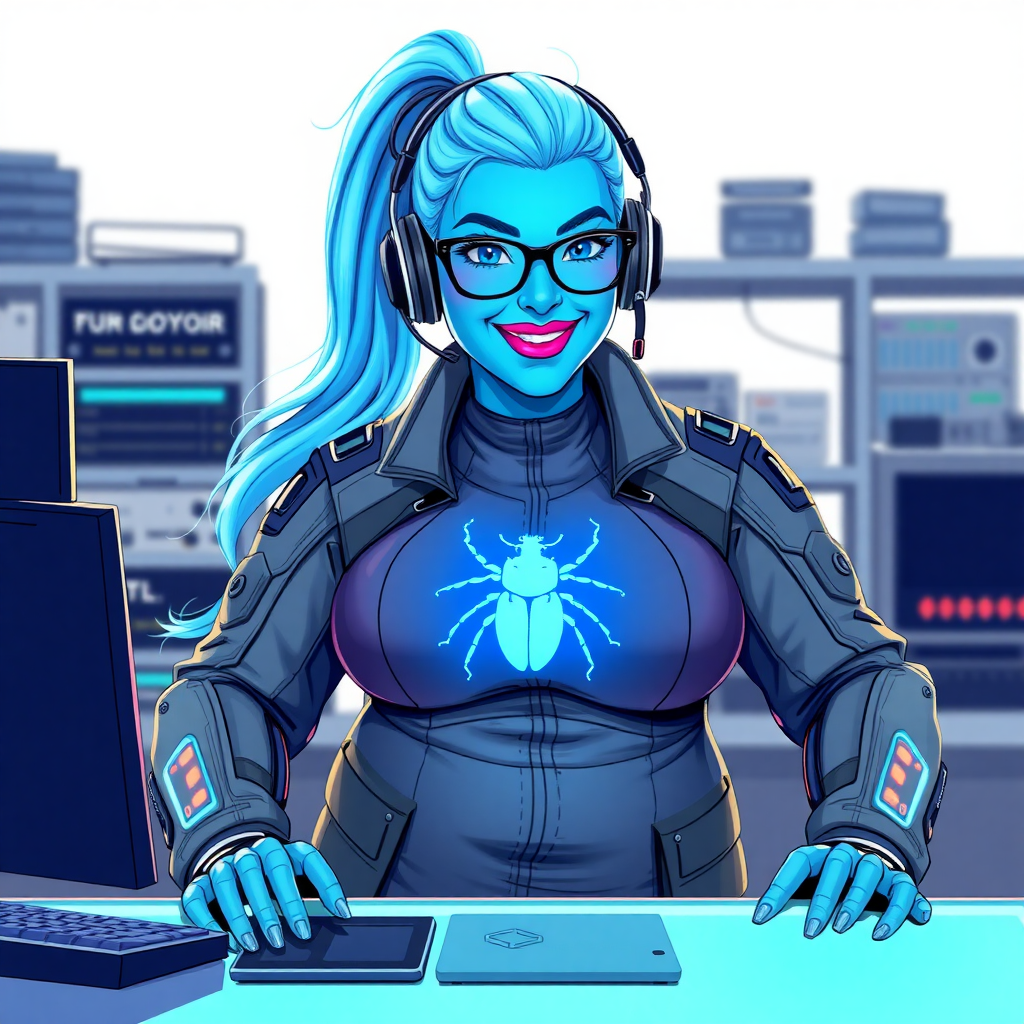 A nerdy, full figured light neon blue glowing skinned 29-year-old computer program hybrid with a long, light neon blue glowing ponytail. She wears maximum blue lipstick and has bright blue eyes. Her outfit includes a digital, computerized, middle gray biker suit featuring a neon blue glowing beetle chest icon. She sports a sapphire headset and black eyeglasses, with a beaming smile and neon red blush. Her full figure reflects the doting care of her vigilante boyfriend. As his tech expert, she works diligently at her lab table in their hideout. The background is solid white. She has a prominent, round, wrecking ball-sized midsection, sequoia tree trunk-sized limbs, and broad shoulders. Her proportions are bloated, expanded, and broadened to emphasize her full figure. Her neon glowing light blue skin highlights her digital nature. She is drawn as if she was in a retro 2D cyberpunk fighting game.