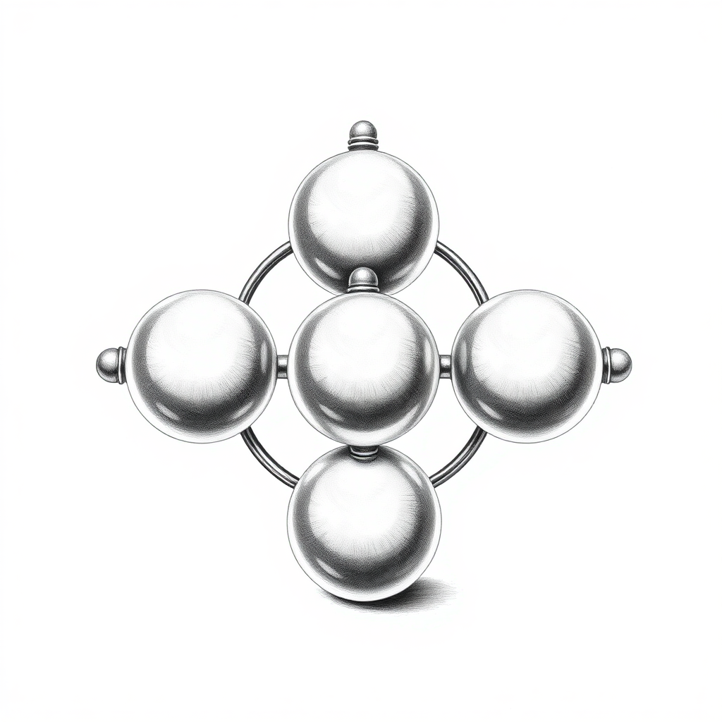 Five connected spheres of mercury in a ring in between two other spheres, spinning top, fidget spinner, toy, small spheres, symmetric, pencil drawing, impossible, black and white