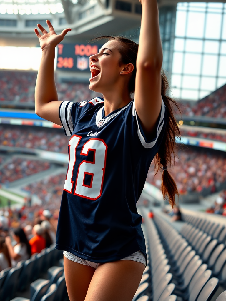 Female NFL fan, extremely attractive, hollering, pigtail hair, jersey, arms raised, jumping inside crowded bleachers, NFL stadium