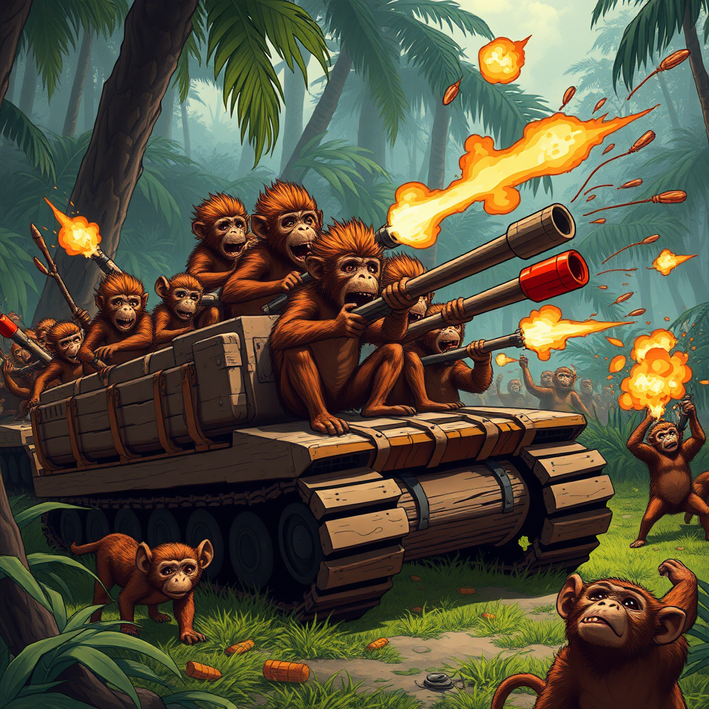 Anime Art of a horrifying-ridiculous gruesome warfare in the jungle, armies of brown-haired monkeys riding in wooden makeshift tanks shooting cannons into the air exploding, small brown monkeys throwing sticks of TNT into the air at fleeing animals.