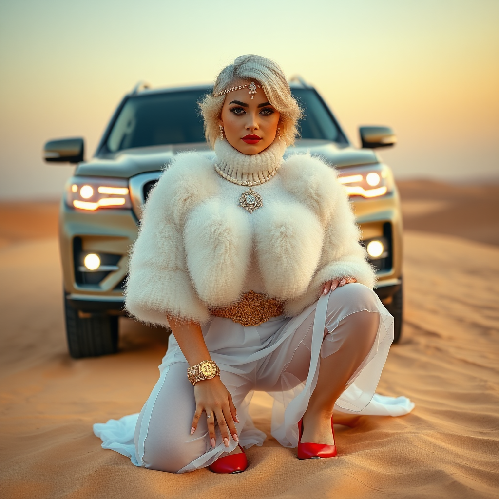 Kuwait desert dunes misty dawn, full size luxury SUV: Melissa, European 17 years old very convincing femboy “trophy-bimbo”, tamed servile docile, very beautiful feminine flawless face, rather short, by hormones very curvaceous womanly figured, platinum blond short tight curls, bold red lips, long white French nails, heavily made-up face, wearing Supertanya-style fluffy very fuzzy bright white angora turtleneck-poncho cropped ending under bust decorated with pearls and glass stones, striking oriental wide gold bridal protection belt, white fully transparent harem pants, bright red pumps with golden very high heels, full Oriental bridal jewelry including headpiece, nose-ring, coin wristlets, coin anklets, striking diamond “Bimbo” letter brooch on left chest, thick heavy pearl wristlets, pearl anklets, pout frustrated, kneeling in sand in front of SUV, looking at camera. Focus on face and turtleneck-poncho.