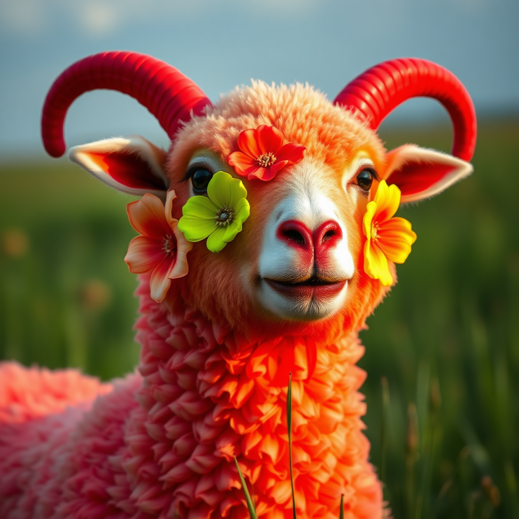 a shot photo of a sheep with pop red and neon lime green colours sequins work have large floral design with sequins work, creating a dreamy atmosphere, . Taken with a Canon E05 R camera with 50 mm f/1.8 lens and f/2.2 aperture. grassland backdrop, photography, photorealistic, hyperdetailed,