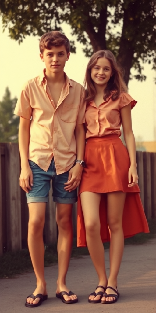 Vintage photo, 1980s. Hot summer. Germany. A tall skinny 14yo teen boy wearing short shirt, tight booty shorts, long legs, bare thighs. With a girl wearing shirt, long skirt. Full length view.