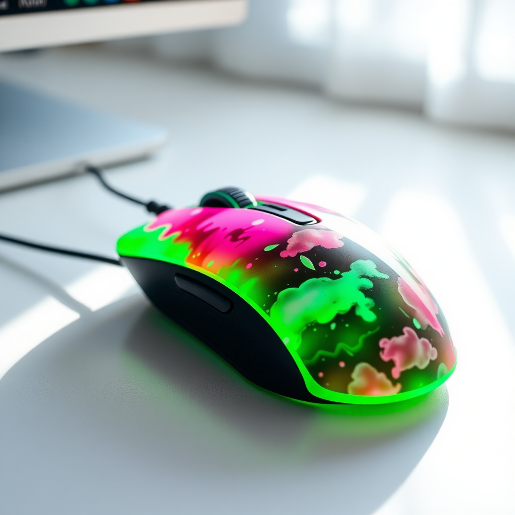 A crazy pastel toned computer mouse in neon lime green, pink and black, with cloudy patterns, attached to computer through wire, white backdrop with sunlight, beautiful, photography, Taken with a Canon E05 R camera with 50 mm f/ 1.8 lens and f/ 2.2 aperture. 8k resolution, photography, photorealistic, photogenic, hyperrealistic, hyper-photo-realistic.