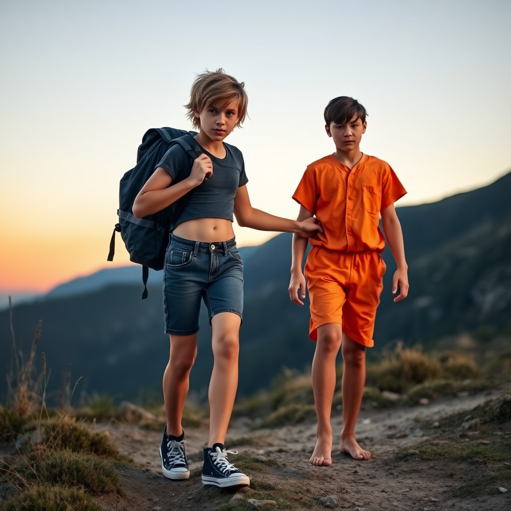 A top model 14yo teen boy, brunette, long layered haircut with a messy hair, wearing a denim tight shorts, a crop top, Black converse all star shoes, with a hiking backpack on his shoulder, he is helping another 14yo teen boy to walk back to his camp. The second boy is wearing girly short shorts orange inmate outfit, he is dirty, covered with mud, barefoot. They are walking in the mountain, at sunset. Both of the boys are looking at the camera. long legs, bare thighs.