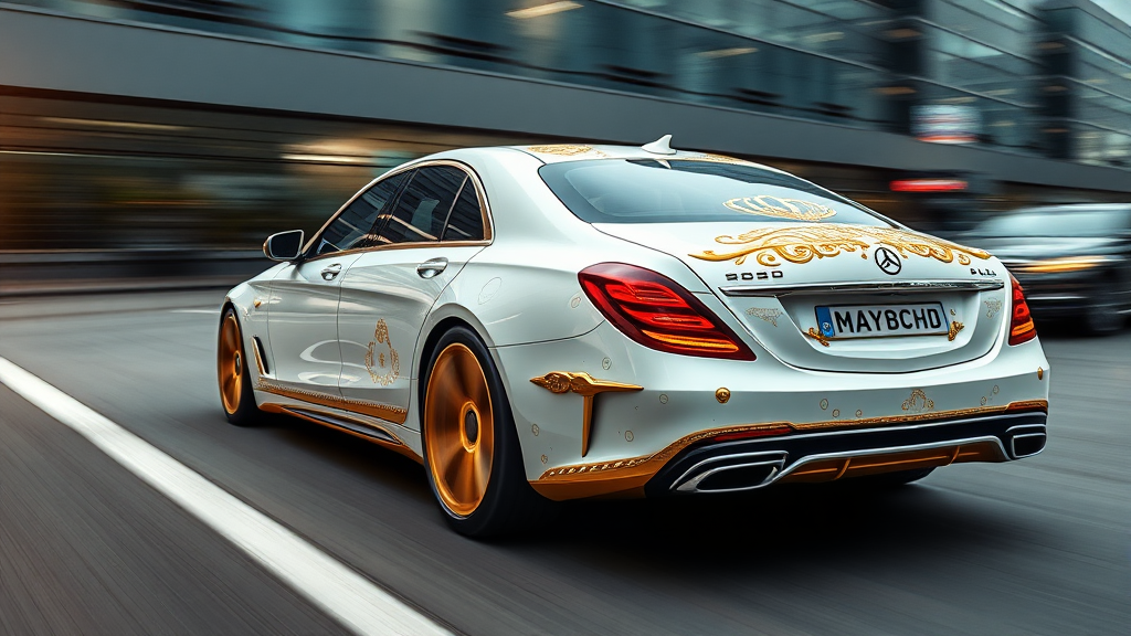 futuristic maybach sedan , A luxurious, white and gold-plated car adorned with intricate, ornate designs and carvings.  road motion blur