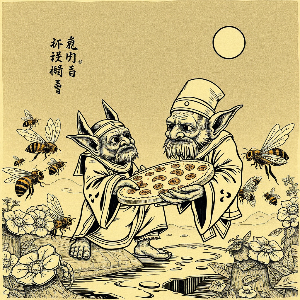 A goblin delivering pizza to bees, Chinese woodcut