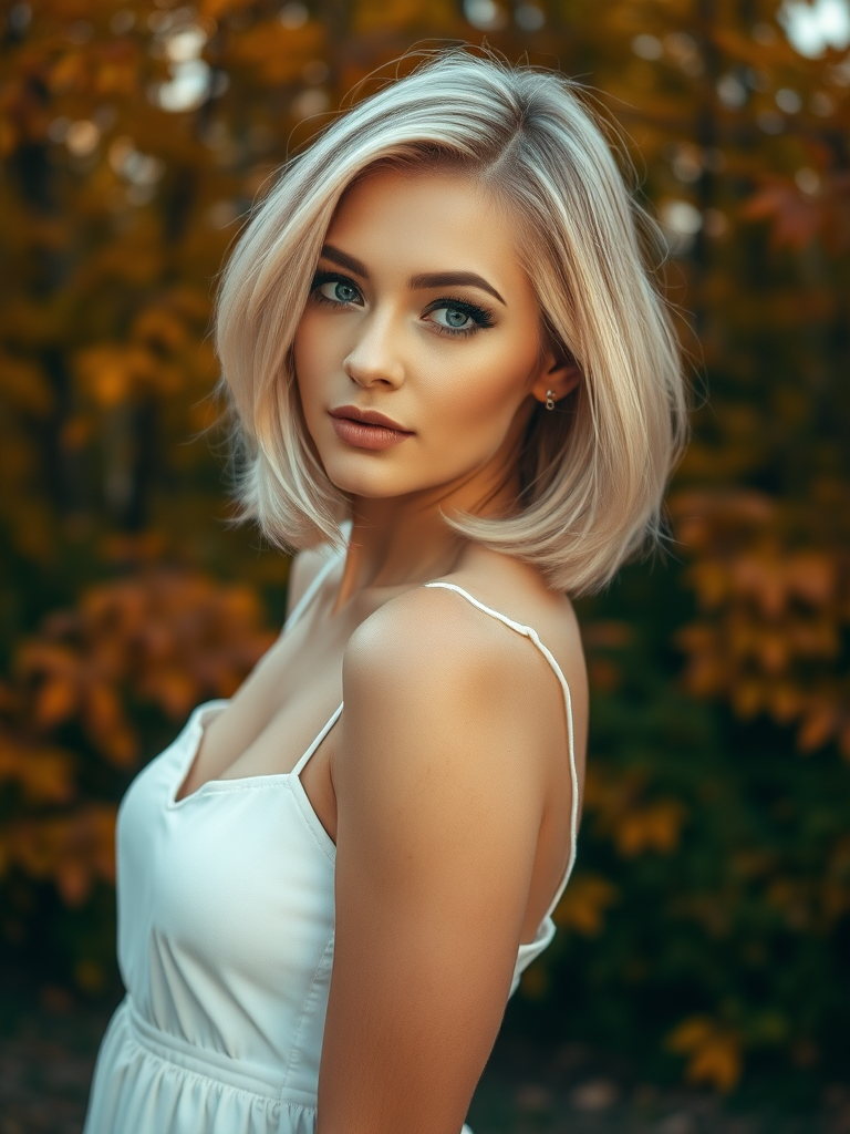 Beautiful close-up model in a short white dress, golden blonde bob hair, with stunning autumn foliage in the background, in high definition.