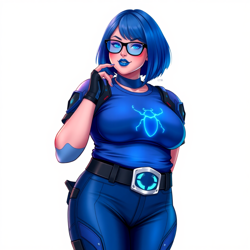 A 28-year-old, full-figured, metallic maximum blue (5PB 5/10) skinned computer program hybrid with a maximum blue bob cut. She has a non-athletic build, highlighted by a prominent, round, large midsection (with full emphasis on her round belly), which shows the effects of her love of junk food acquired from her boyfriend. As the full-figured, nerdy, digital sidekick to her cyberpunk vigilante boyfriend, her metallic maximum blue skin and maximum blue lipstick (5PB 5/12) emphasize her digital nature. Her skin has a subtle, animated glow, with digital patterns occasionally flickering across it, making her digital nature obvious. She wears a digital, computerized, superhero costume, consisting of a massive, tight-fitting, maximum blue t-shirt (5PB 5/12) made out of advanced nanotech with a neon blue chest icon of a beetle, hi-tech shoulder pads with neon blue accents, a black hi-tech belt with a digital neon blue glowing buckle, digital maximum blue biker pants (5PB 5/12) with neon blue accents, and black hi-tech fingerless biker gloves with neon blue glowing accents. Her neon blue glowing eyes, black eyeglasses with neon blue glowing lenses equipped with a built-in HUD, and bashful smile with neon red blush accentuate her nerdiness. She stands bashfully with one hand behind her back and the other hand gently touching her cheek, her costume covering all her skin (especially her midsection) and fully emphasizing her full figure (especially her round belly). She is clearly non-athletic, with a focus on her full-figured physique. Despite her build, she radiates beauty. She has a slim face compared to her physique, accentuating her radiant beauty. She is on a solid white background. She is drawn as if she were in a retro 2D cyberpunk fighting game.