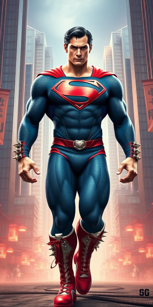 Create a photorealistic, full-body image of Superman, infusing his typical characteristics with the bodily attributes of Chun-Li from Street Fighter. The physique should be muscular as expected from Superman, however, incorporate Chun-Li's notably muscular and thick thighs, emblematic of her agility and kicking power. The character's attire should be a combination, with Superman's traditional blue and red costume but integrate Chun-Li's apparel details, such as her spiked bracelets on his wrists and white combat boots that transition into Superman's red boots.

The facial features should maintain Superman's striking square jawline and defined cheek bones. Let Superman's hairstyle be the iconic, blue-black slicked-back hair with a curl lock falling on his forehead.

For the backdrop, create an epic intersection between Metropolis city and a Street Fighter arena. Envision skyscrapers with Superman's iconic 'S' symbol beams and, concurrently, oriental designs and architecture portraying Chun-Li's world. Enhance the environment with high-intensity, dynamic lighting suggestive of an ongoing fight scene.