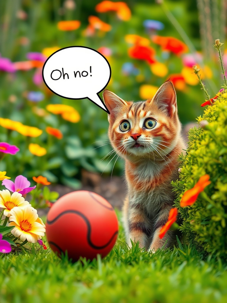 A realistic 4K scene featuring a Brown Cat with a surprised expression as a ball rolls toward a bush. The cat is exclaiming, 'Oh no! My ball went into the bushes!' The setting is a colorful garden filled with vibrant flowers and lush greenery, capturing the playful and slightly worried moment.