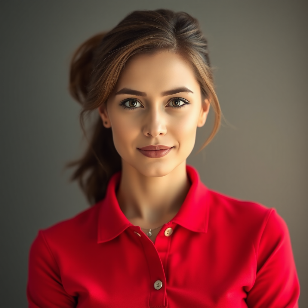 A woman wearing a red long-sleeved polo shirt. full body, front view, looking at viewer.