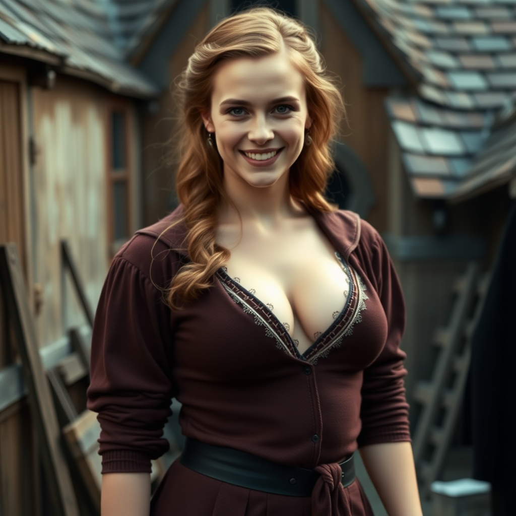 Emma Watson as Hermione Granger, 18 years old, erotic, B cup, revealing Hogwarts uniform, cleavage, mischievous smile, dirty and abandoned Hogsmeade house, raw photo, 8k.