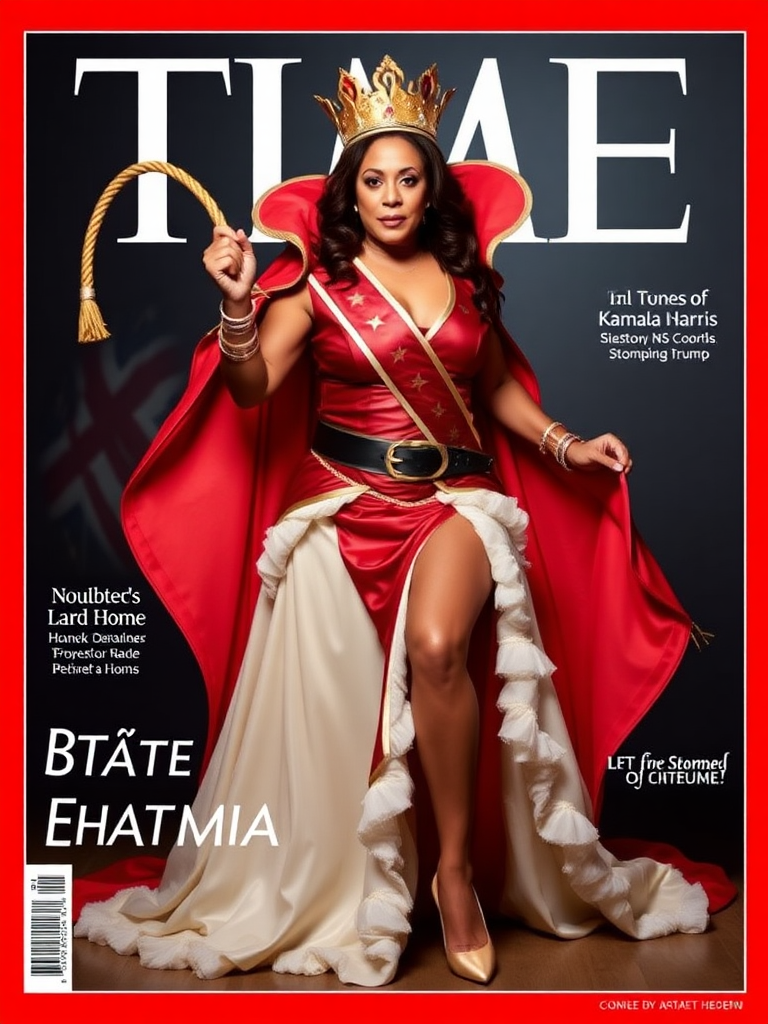 If Time Magazine had a cover of Kamala Harris in an SM Queen costume, holding a whip and stomping on Trump.