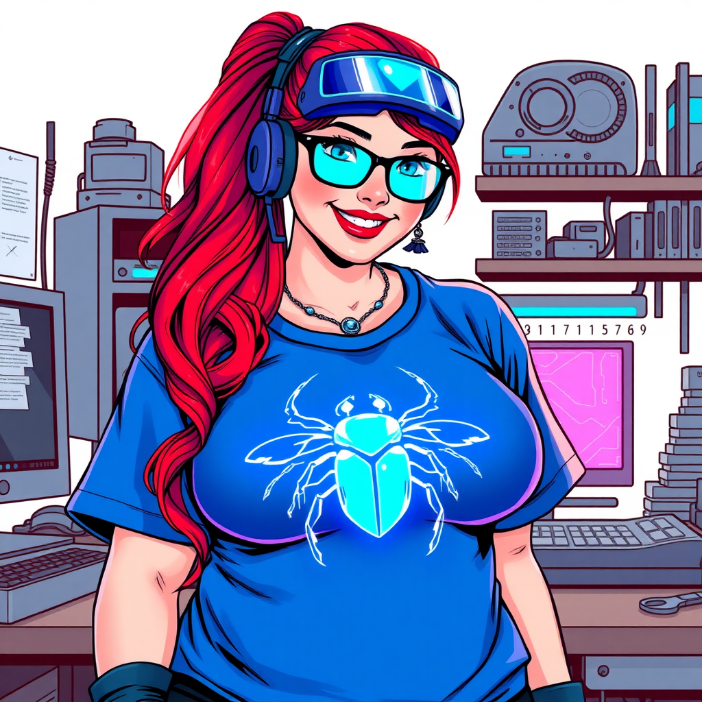 A cyberpunk vigilante’s full-figured intelligent and tech-savvy 29-year-old girlfriend, who is a computer hacker and tech genius. She has a long ruby red ponytail and bright blue eyes. She wears a sapphire beetle gemstone necklace, and an oversized maximum blue t-shirt featuring a giant neon blue glowing icon of a beetle on its chest. She has a full-figured physique with a prominent, gargantuan, round midsection, reflecting her well-cared-for lifestyle. The midsection is heavily emphasized. She sports a sapphire headset with hi-tech maximum turquoise lensed HUD visor, black eyeglasses, and a beaming smile with a passionate bright red blush. Despite her figure and a lack of self-esteem, she radiates an air of beauty. She has a slim face which contributes to her radiant beauty. She serves as his tech expert from his hideout, dutifully working at her workshop with a computer desk and tool bench. The background is solid white. She is drawn as if she was in a retro 2D cyberpunk fighting game. Make sure her shirt covers her round midsection.