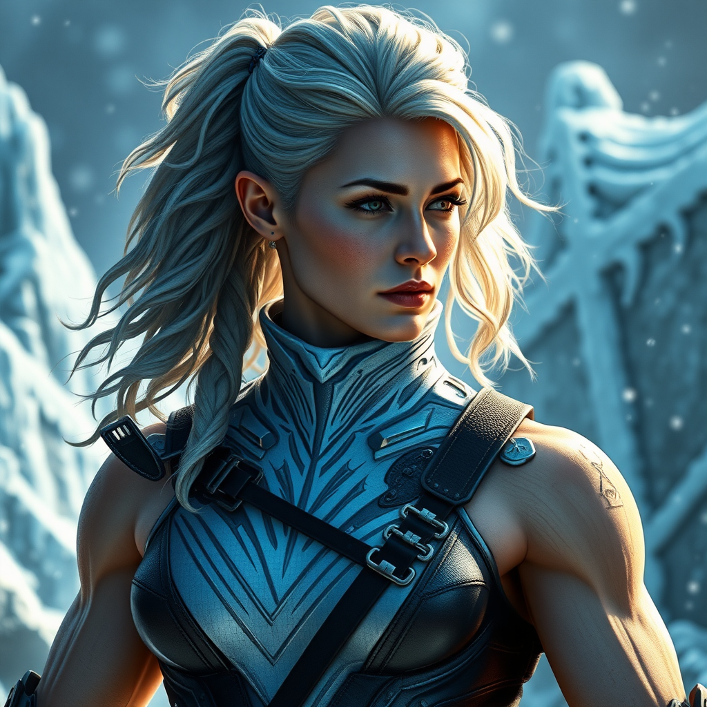 Generate a full-length photorealistic image of a composite character blending Emma Frost's head, hairstyle, and facial features onto the male body type of Marcus Fenix. Retain Emma Frost's costume, but alter it to fit the new muscular body. Blend elements from both characters for the background: a mix of futuristic and medieval aesthetics, incorporating icy and gritty textures. Ensure the scene appears seamless and natural, highlighting the power and elegance of the combined character.