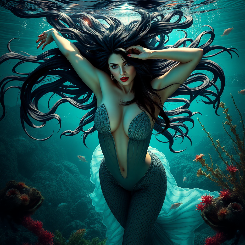 Vampirella as a mermaid underwater amazing loose flowing hair floating in a nimbus around her beautiful face her arms outstretched languidly over her head. she's looking down into the viewer's eyes making intense eye contact. loose fitting diaphanous. Burlesque. Stunning undersea life details plants and fish and other creatures of the sea. Powerful three dimensional graphic effects. HD photo.