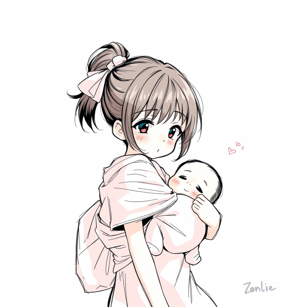 girl carrying baby anime sketch