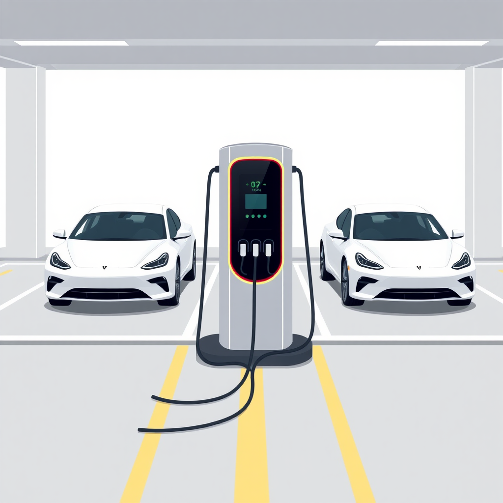 An illustration of an electric vehicle (EV) charging station with two cars, one on each side, connected to the charger. The charger should be a modern, sleek design, perhaps with a digital display. The cars should be realistic, mid-sized electric vehicles in neutral colors like white, gray, or black. The scene should be set in a parking lot or garage, with a simple background that focuses the attention on the charging station and the two connected cars. The overall style should be clean, minimalist, and technically accurate.