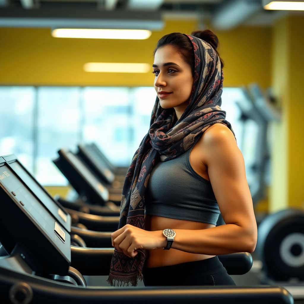 Indian wife, scarf head, working out on Treadmill in gym