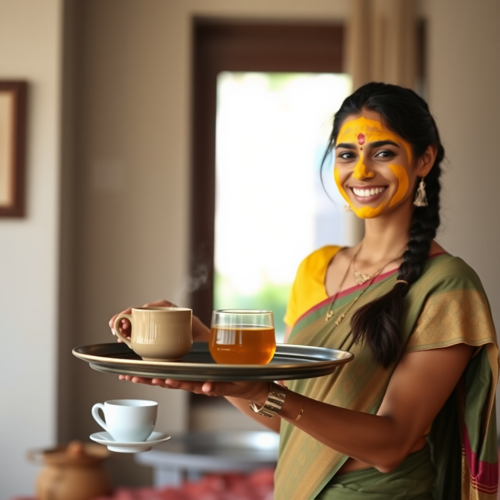 slim, 30 year old, sexy, traditional indian wife, hair braid, turmeric face mask. She is smiling and serving coffee on a tray to guests.