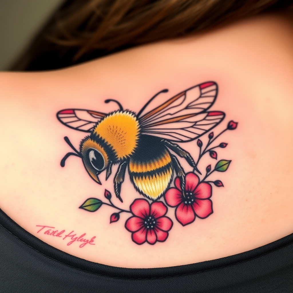 A tattoo design of a bumble bee with wild flowers around it.