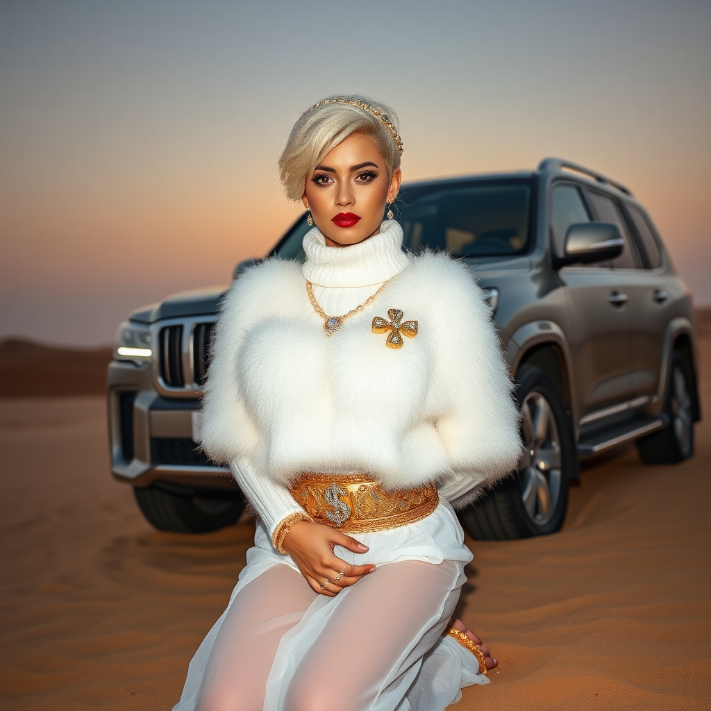 Kuwait desert dunes misty dawn, full size luxury SUV: Melissa, European 17 years old very convincing femboy “trophy-bimbo”, tamed servile docile, very beautiful feminine flawless face, rather short, by hormones very curvaceous womanly figured, platinum blond short tight curls, bold red lips, heavily made-up face, wearing Supertanya-style fluffy very fuzzy bright white angora turtleneck-poncho cropped ending under bust decorated with pearls and gemstones, striking oriental wide gold bridal protection belt, white fully transparent harem pants, full Oriental bridal jewelry including headpiece, Battoulah face veil, coin anklets, striking diamond “$$$” letter brooch on left chest, pout frustrated, hands tied behind back, kneeling in sand in front of SUV, looking at camera. Focus on face and turtleneck-poncho.