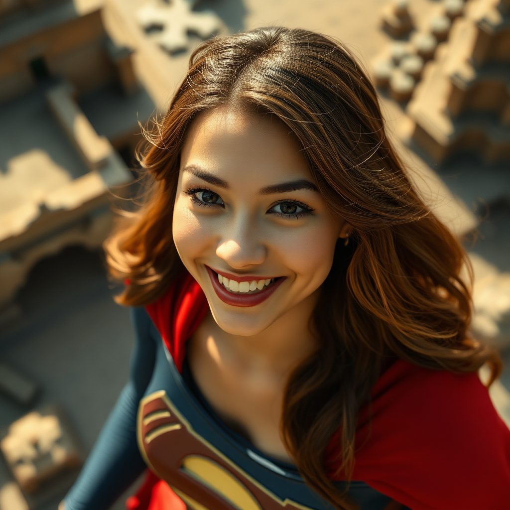 A snapshot from above Supergirl Zack Snyder's, realistic, trailer movie, cinematic, so realistic, and she was smiling and has Indonesian culture on it.