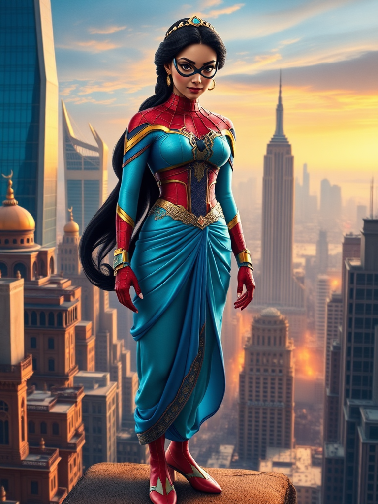 Generate a photorealistic full-length render of Princess Jasmine with Spider-Man's body type, maintaining her head and facial features. Adjust body structure and silhouette to match Spider-Man's athletic build and male physiology. Modify Jasmine's costume to fit her new physique. Set the background in a fantastical Arabian Nights-inspired cityscape with skyscrapers and Middle Eastern architecture, with subtle hints of Marvel's New York City in the distance.