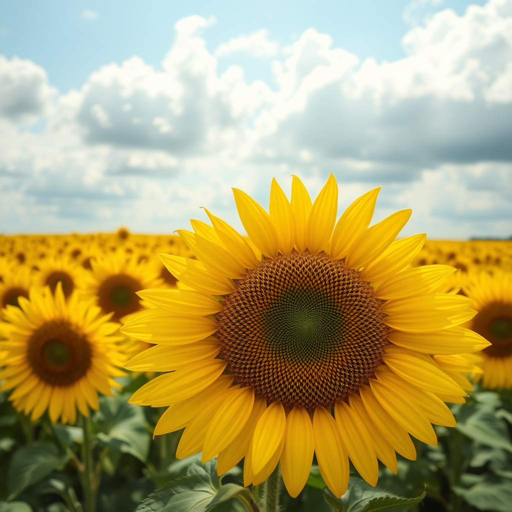 A vibrant sunflower field during midday, emphasizing the striking yellow petals of the sunflowers in the foreground. The scene captures a hyperrealistic aesthetic, showcasing intricate details of the sunflower's center, with a rich texture of seeds surrounded by a network of short golden filaments. The background features a vast expanse of sunflowers, all facing the direction of the sun, creating a harmonious wave of yellow against a partly cloudy sky. The clouds are soft and fluffy, casting gentle shadows over the field. Vivid green leaves and stems provide a fresh contrast to the bright yellows. Overall, the composition evokes a sense of warmth and cheerfulness typical of late summer days.