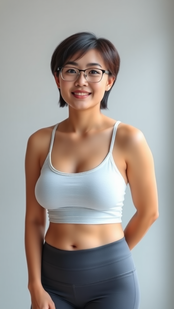 A beautiful Chinese woman, short hair, wearing glasses, with a full figure, small breasts, yoga pants, and a tank top.