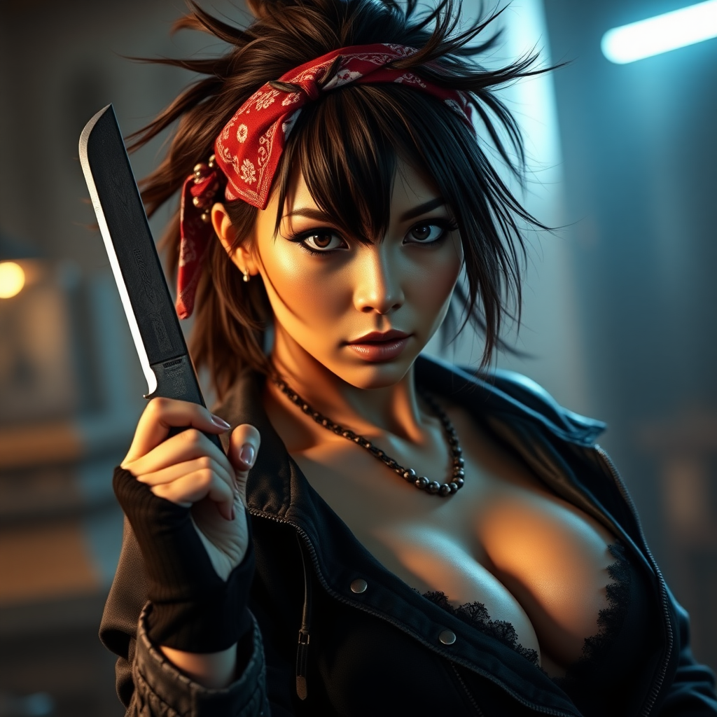 realistic photograph, sexy female bandit, spiky hair, bandana, holding knife, Japanese-Brazilian mixed race, open jacket revealing cleavage, beautiful face, captivating eyes, large breasts, arched back pose, treasure