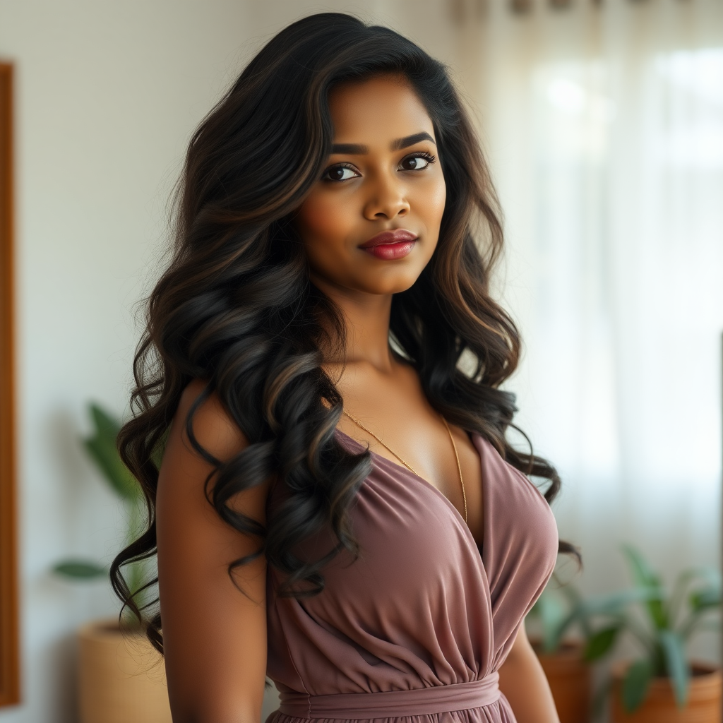 Pretty woman of Sinhalese ethnicity in her mid 20s with very long volumnized layered hair and huge breasts in a dress, full length shot in an indoor scene