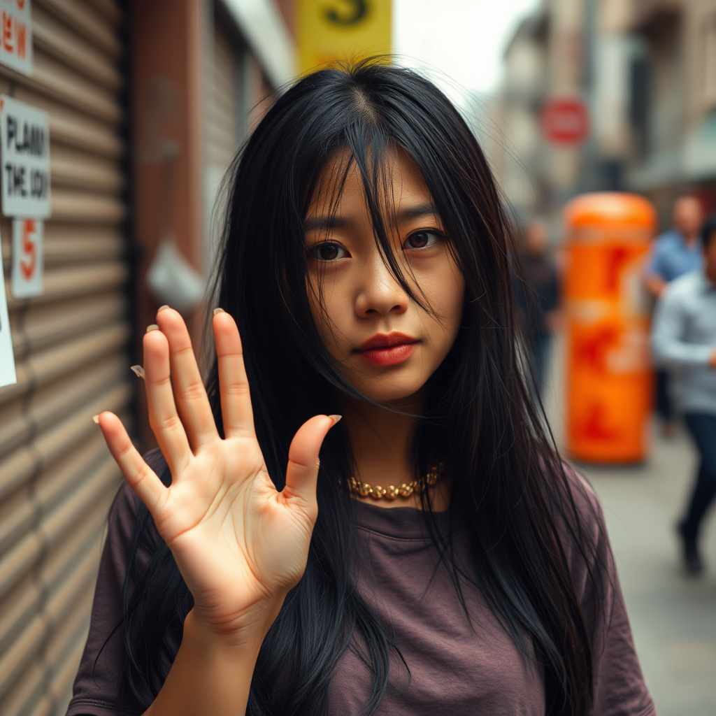 A very mysterious and very pretty sad and homeless, about 30 years old, healthy, young-at-heart Asian woman with a T-shirt and long, jet-black hair and very typical and black Asian eyes, is very ashamed to look me in the eye and waves at me very embarrassed.