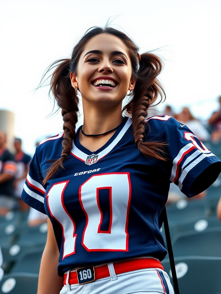 Attractive female NFL fan, large chest, jersey, cheering wildly, pigtail hair, stadium bleacher row