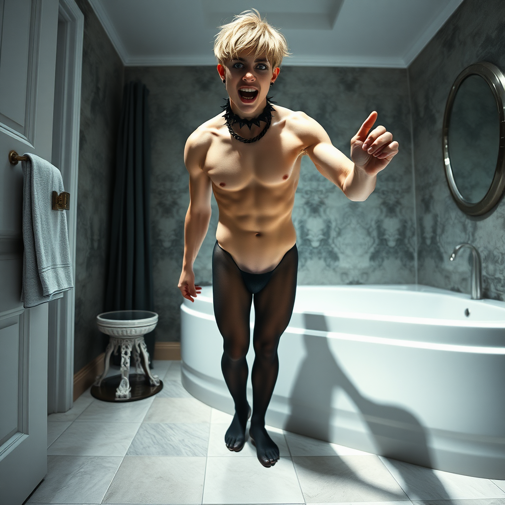 photorealistic, ultra high resolution, 16K, surreal fantasy, soft studio lighting, Caleb Swift is a pretty 16 year old goth male, slim male physique, blonde hair, blue eyes, goth makeup, earrings, sheer black pantyhose, spikey neck collar with chain, standing on the floor of the bathroom striking a pose as Michelangelo's "David" sculpture, excited mouth, bulging manhood, full body front view with Caleb facing the camera.