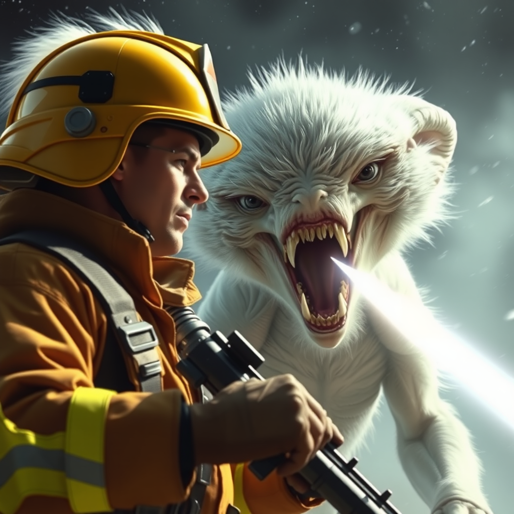 A fireman fighting a giant alien in a star wars like setting, the alien must be furry, white and with big fangs. The face of the fireman must be visible.