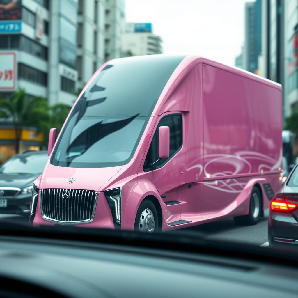 A photo of a futuristic Maybach truck in Tokyo traffic. The truck is a bright pink color and has a unique, elongated design with a large window. The background is blurred and contains other vehicles and buildings. The photo has a bokeh effect.