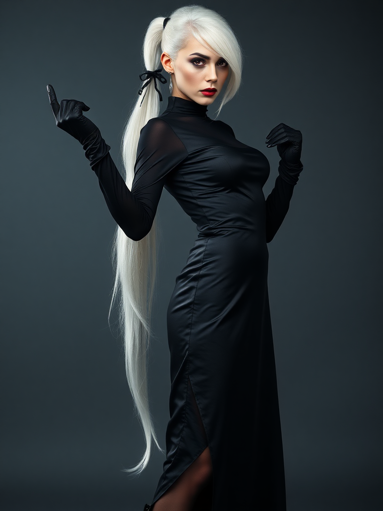 mature adult woman, skinny and tall, long legs, large shoulders, teardrop saggy small breast, long asymmetric undercut layered white hair, side swept bang, long white ponytail tied with a black lace, beautiful detailed face, piercing red eyes with intricate iris details, looking at the camera with a serious expression, wearing gothic style, black silk long sleeve top, black silk long skirt, black pantyhose, black gloves, black ankle boots, standing in a fierce pose with her head held high